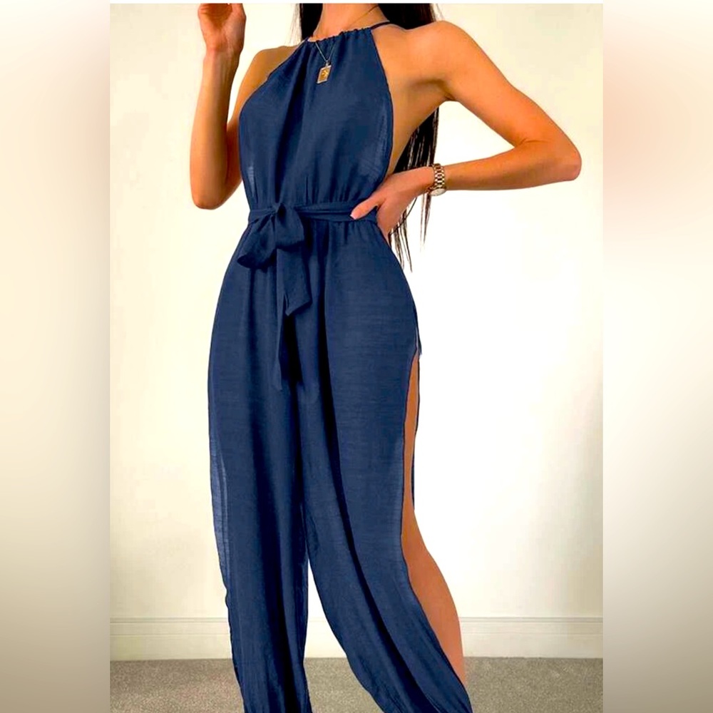 Solid Split Thigh Belted Halter Neck Cover Up Jumpsuit